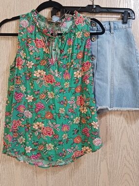 LOFT Womens Green Floral Top Tie-Front Sleeveless Camisole Boho Fairy Floral S